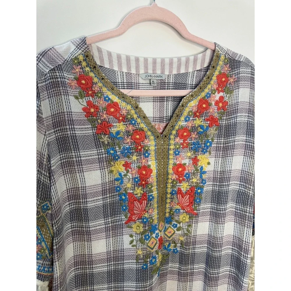 John Mark Boho Embroidered Plaid Tunic Top Lace Tassel Sleeve Blouse Womens XL - Picture 5 of 14